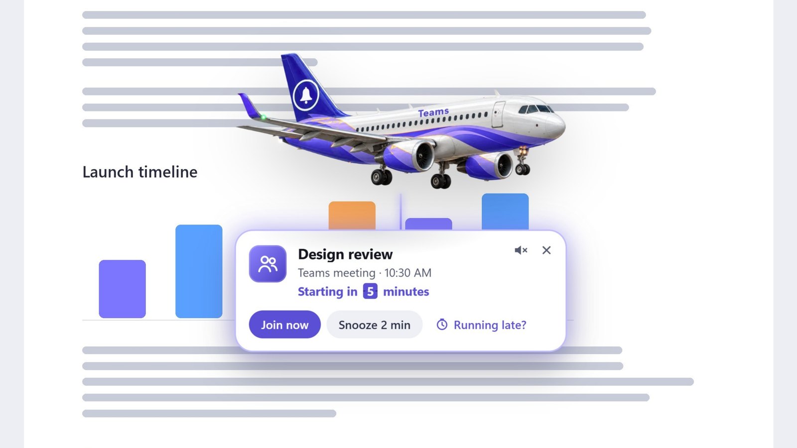 A plane flies across a document towing a reminder for a Teams meeting, with Join now, Snooze and Running late buttons