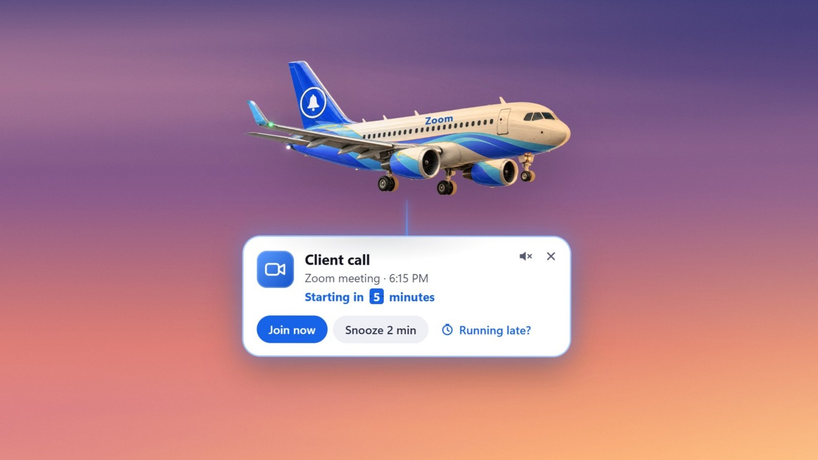 A plane at golden hour, lit warm by the setting sun, towing a reminder for a Zoom client call
