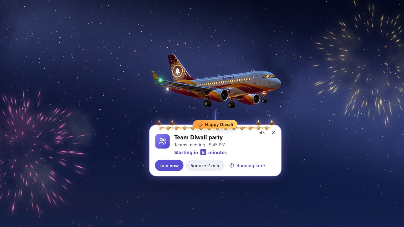 The plane in its Diwali livery at night, with diyas on its card and fireworks on both sides