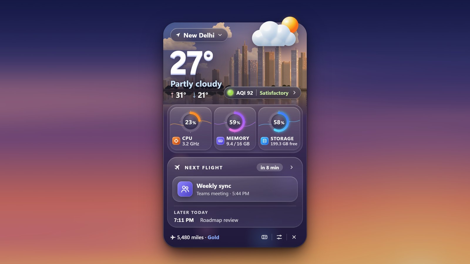 The widget: a city under the live sky, the weather, air quality, CPU, memory and storage, and the next meeting
